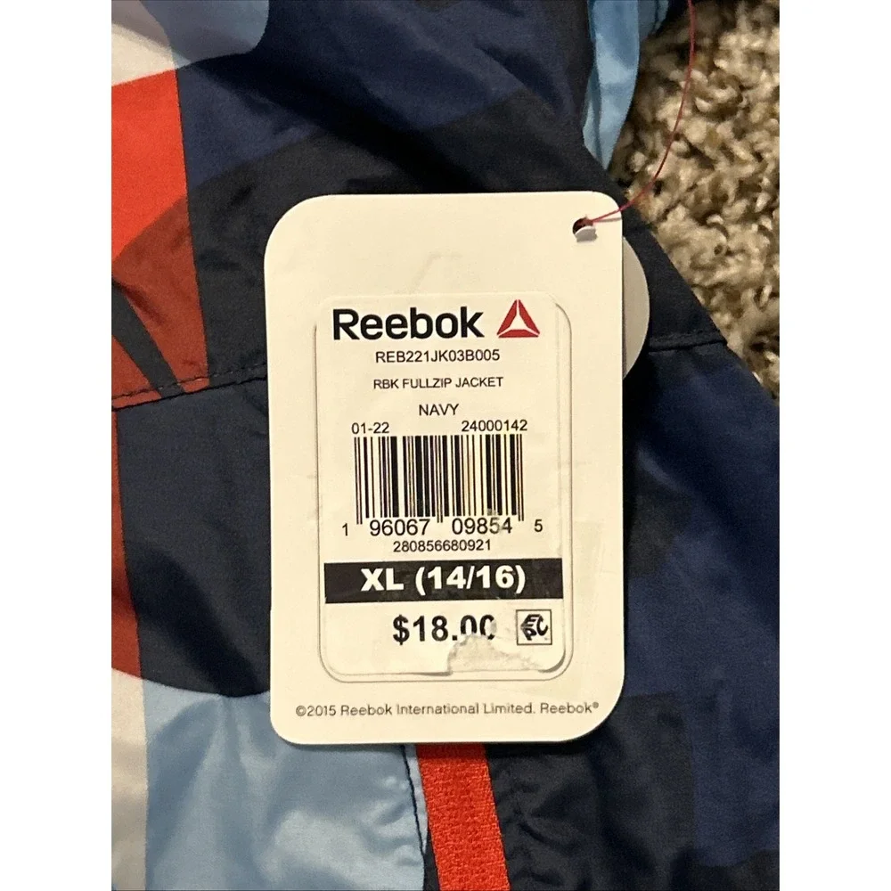 Reebok Boys Navy Blocker Full Zip Rain Coat Jacket w Pockets XL (14-16) NWT